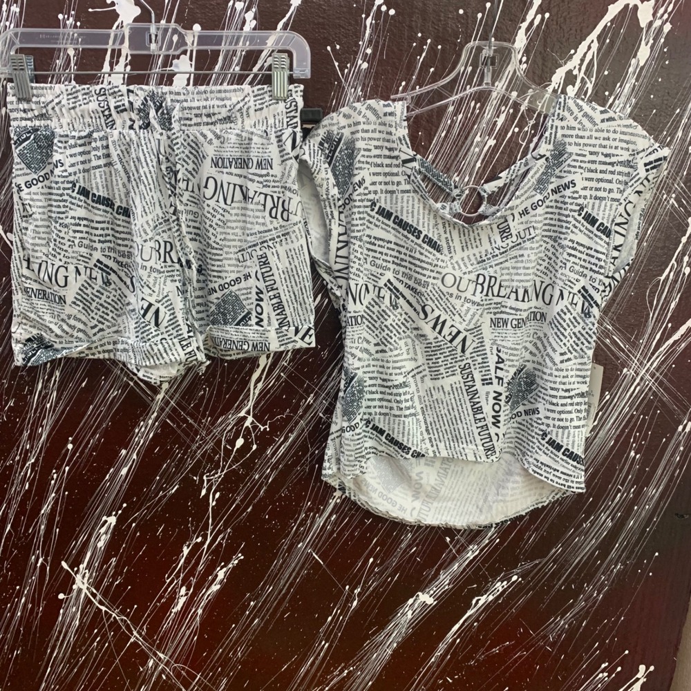 No Boundaries Newspaper Print 2 Piece Set Crop Top and Shorts Black White Small